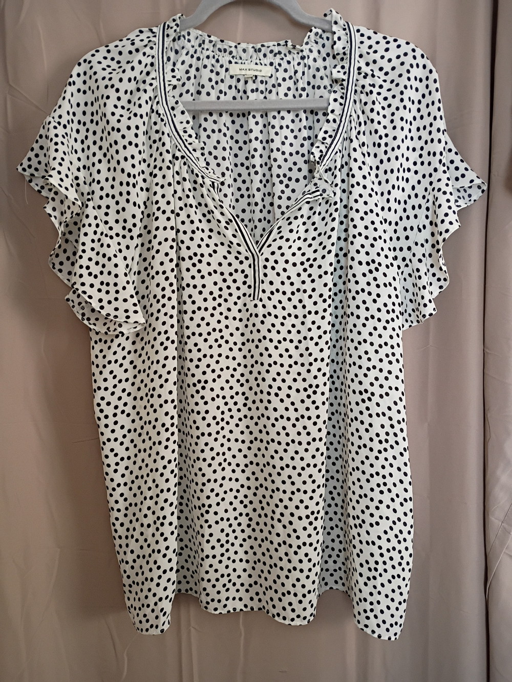 Max Studio White and Black Polka Dot Flutter Sleeve Blouse